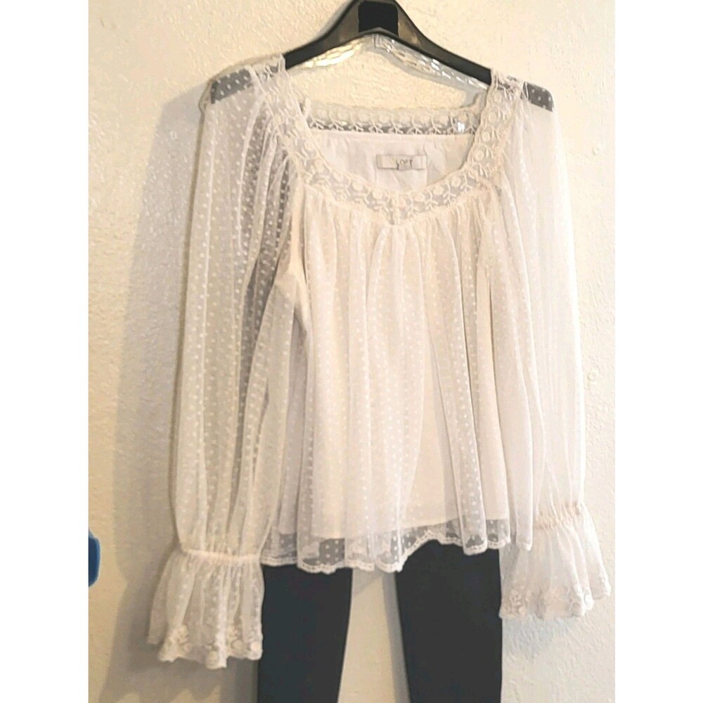Loft Cream Swiss Dot Sheer Mesh Cottagecore Lace Trim Balloon Sleeve Blouse S